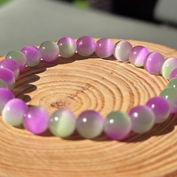 Cat’s Eye Gemstone Bracelet – Handmade w/ Purple & Green Beads for Focus & Luck - Picture 11 of 15